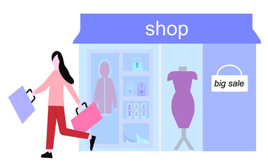 Joyful shopping girl comes out of the store, vector chart