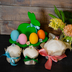 Easter cake holiday outlay with wooden decoration