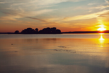Sunset water horizon landscape. Sunset water scene. River sunset horizon view. Sunset water landscape