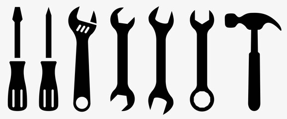 Tool icon set.Hammer turnscrew tools icon.Instrument collection. Vector illustration - obrazy, fototapety, plakaty