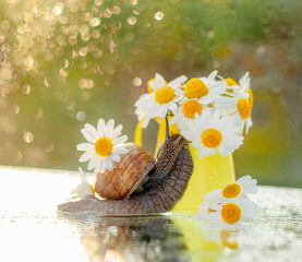 Summer background snail with camomiles on the background of the setting sun bokeh © Victor