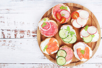 Top view on different sandwiches, flat lay