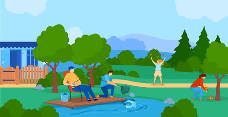 Obraz premium Summer outdoor activity flat vector illustration. Cartoon active family or friends characters spend time in nature together, fish in lake, pick mushrooms, summertime weekend adventure background