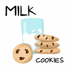 Milk and cookies with lettering. Glass of milk and american oatmeal cookies with chocolate and text. Food and drink for Santa Claus. Hand drawn doodle cartoon vector poster of products