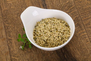 Peeled hemp seeds in the bowl