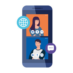 couple in video chatting online on smartphone, with social media icons vector illustration design