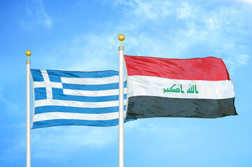 Fototapeta premium Greece and Iraq two flags on flagpoles and blue sky