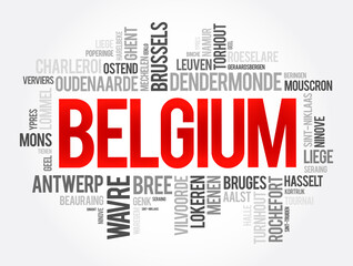 Obraz premium List of cities and towns in Belgium, word cloud collage, business and travel concept background