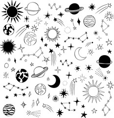 Starry night hand drawn vector doodle - stars, planets, moon, sun, constellations, falling stars