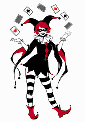 Obraz premium funny joker girl in red and black colors juggling a deck of cards