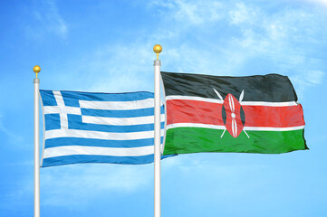 Greece and Kenya two flags on flagpoles and blue sky