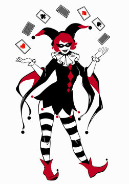 funny joker girl in red and black colors juggling a deck of cards