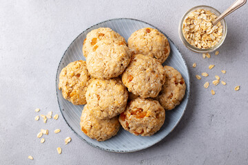 Healthy vegan oat cookies. Grey background. Close up. Top view.