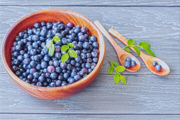 fresh blueberry berries in a wooden bowl and wooden spoons close-up. ripe fresh blueberries in a bowl on the table. background with blueberries.
