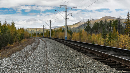 Obraz premium bam Train rails in country landscape top view