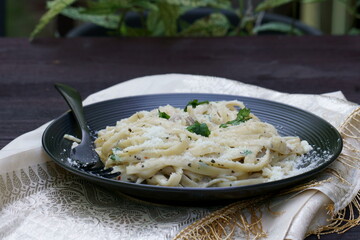 A plate of Mushroom Alfredo Fettuccini Pasta