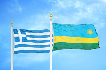 Greece and Rwanda two flags on flagpoles and blue sky