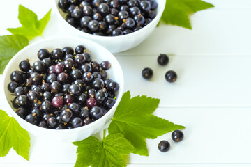 fresh black currant berries in white bowls close-up on the table. white background with black currant berries and a copy space.
