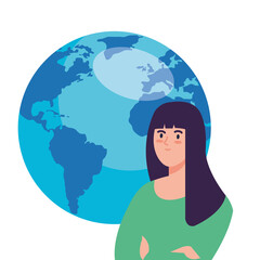 young woman with world planet on white background vector illustration design