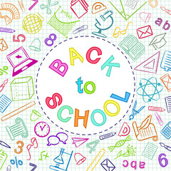 Back to School color text written in round frame. Blank for school banner, presentation, template. Education vector illustration. Multicolored Doodle school icons. 