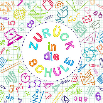 German Back to School color text written in round frame. Blank for school banner, presentation, template. Education vector illustration. Multicolored Doodle school icons. Translation: Back to School