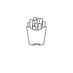 Frites icon on white background with black contour. Simple design. Flat illustration. French fries logotype, icon, poster. Vector frites in a box.  