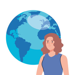 young woman with world planet on white background vector illustration design