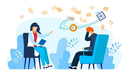 Businessman consults psychiatrist flat vector illustration. Cartoon depressed patient character needs doctor psychologist help in mental stress problems, psychotherapy consultation isolated on white