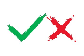 Tick and cross brush signs. Green checkmark OK and red X icons, isolated on white background.