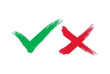 Tick and cross brush signs. Green checkmark OK and red X icons, isolated on white background.