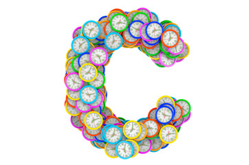 Letter C from colored wall clocks, 3D rendering
