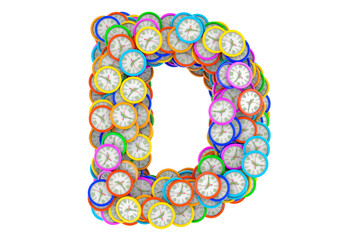 Letter D from colored wall clocks, 3D rendering