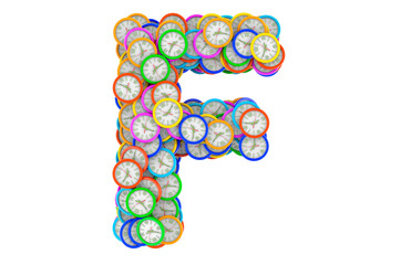 Letter F from colored wall clocks, 3D rendering