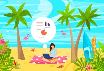 Business people working on tropical beach flat vector illustration. Cartoon businesswoman freelancer character has dream job, remote pleasure work from anywhere, mobile freelance technology background
