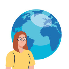young woman using eyeglasses with world planet on white background vector illustration design