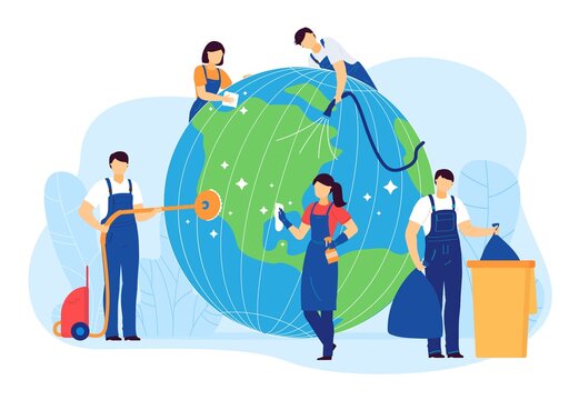 Cleaning planet people vector illustration. Cartoon flat volunteer cleaner characters clean, care globe Earth, collect plastic waste. World ecology, environment, nature protection isolated on white
