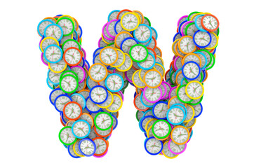 Letter W from colored wall clocks, 3D rendering