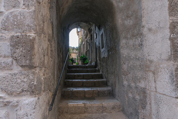 alley of the medieval town of pacentro in abruzzo italy