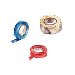 Watercolor illustration.home repair tools on the inside, a set of insulation tape in different colors. Isolated on a white background.