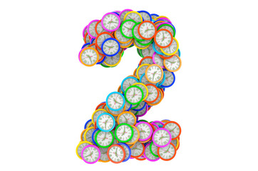 Number 2 from colored wall clocks, 3D rendering