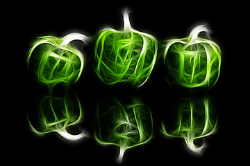 Fractal image of three green bell peppers on a contrasting black background