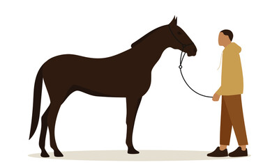 Male character holds horse for reins
