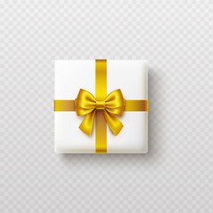 Gift box mock up top view with shadow isolated on transparent background. White 3d present package and gold bow. Vector christmas surprise mockup