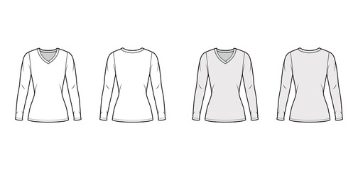 V-neck jersey sweater technical fashion illustration with long sleeves, close-fitting shape, tunic length. Flat outwear apparel template front back white grey color. Women men unisex shirt top mockup