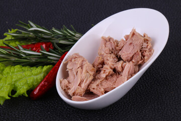 Tasty canned tuna fish in the bowl