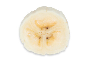 Ripe banana cut into round slice.Isolated on white background.Copy space.