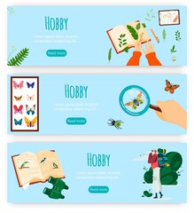 Fototapeta premium Hobby creative art vector illustration. Cartoon flat hobbyist hands scrapbooking, creating handmade artistic book with dry plants, bugs and butterflies, birdwatcher studying birds in nature banners
