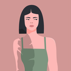 PPortrait of a beautiful lady. The shadow of an exotic leaf falls on woman. Flat vector illustration.
