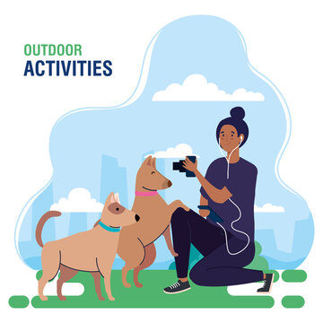 banner, woman photographer performing leisure outdoor activities, young photographer woman taking a photo to dogs vector illustration design