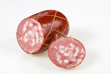 Tasty meat sausages over white background